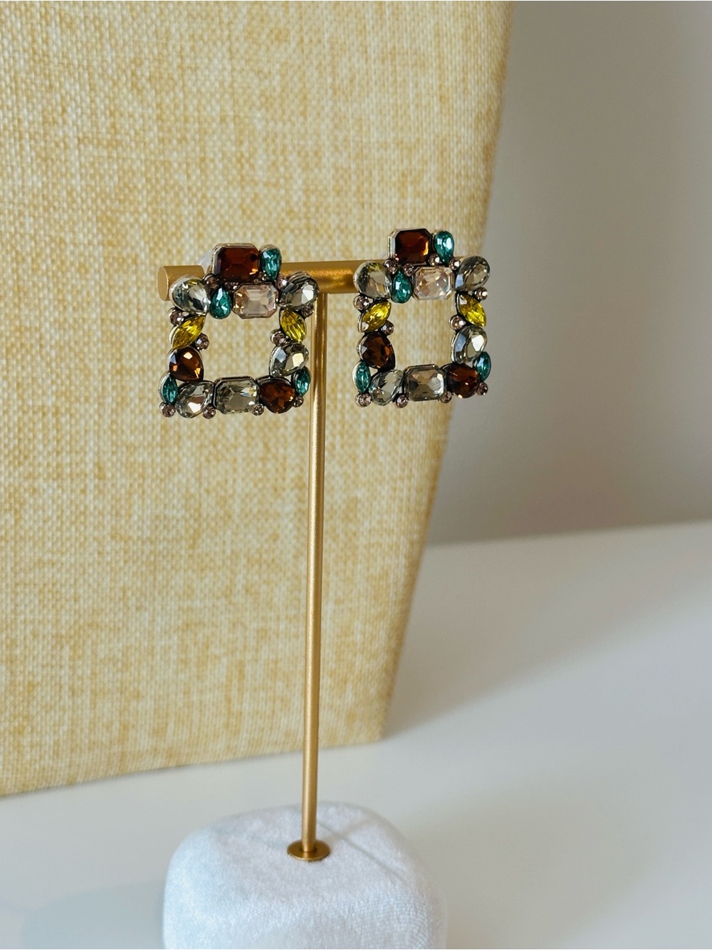 Fashion Jewelry Multicolor Gem Square Drop Earrings - Teal, Amber, Yellow, Clear